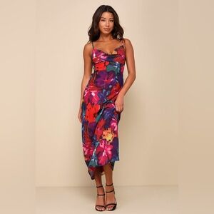 LULUS Meant to Amaze Black Multi Abstract Floral Cowl Slip Maxi Dress size M